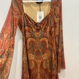 Cider Long Sleeve Paisley Dress - Rust and Olive
